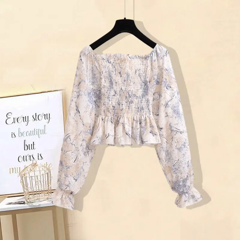 

2021 Women Spring New Sets Female Korea Square Collar Printed Shirts Ladies High Waist Flare Pants Jeans Two-piece Suits P213