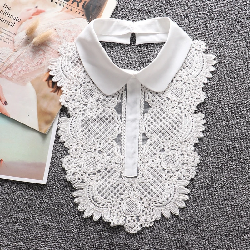 

Women Embroidery Floral Lace Jabot False Fake Collar Button Closure Vintage Shirt Front Necktie Victorian Necklace