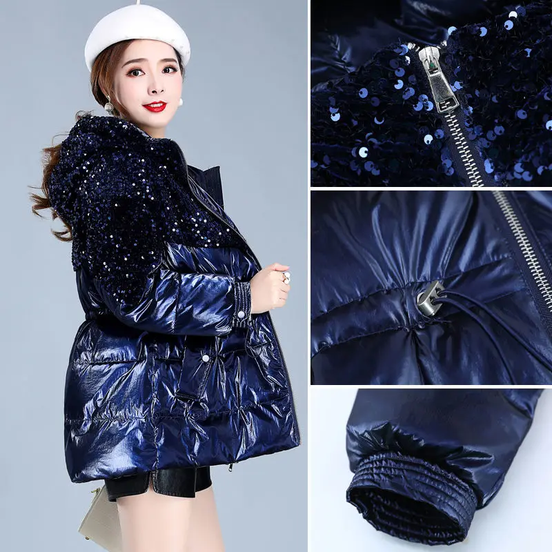 

Glossy Down Cotton -Padded Jacket For Women New Patchwork Winter Sequined Hooded Wash-Free Waist Slimming Cotton -Padded Jacket