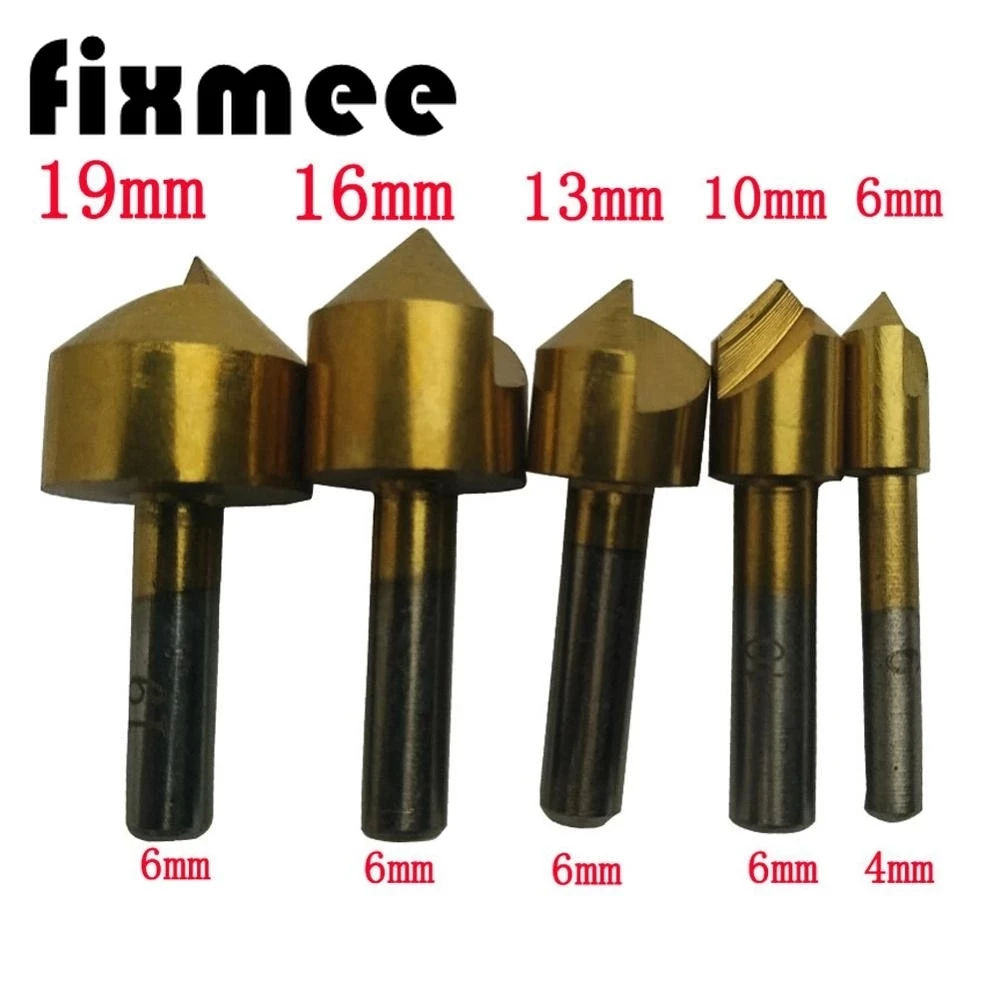 

5Pcs 6/10/13/16/19mm Titanium Coated 90 Single Flute edge Chamfer Countersink Drill Bit Chamfering Cutter