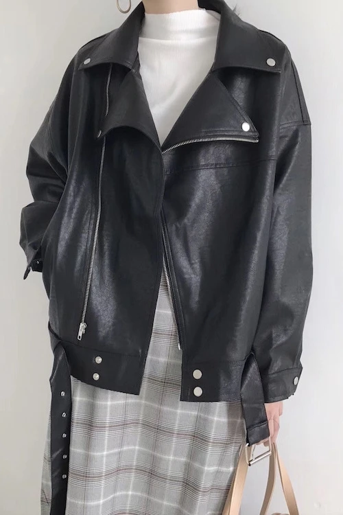 

Hot Selling Loose-Fit BF Fan Car Windproof Pure Black Biker Jacket Zipper Cool Girl Streetwear Long Sleeve Chic Women's Jacket