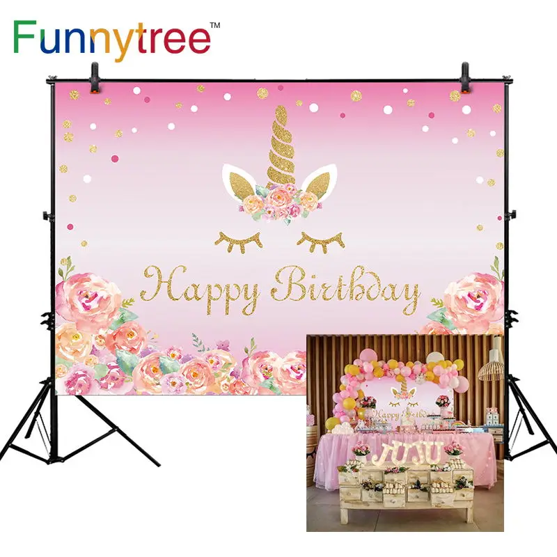 Фон Funnytree для фотосъемки ЕДИНОРОГ розовый цветок день рождения десерт стол