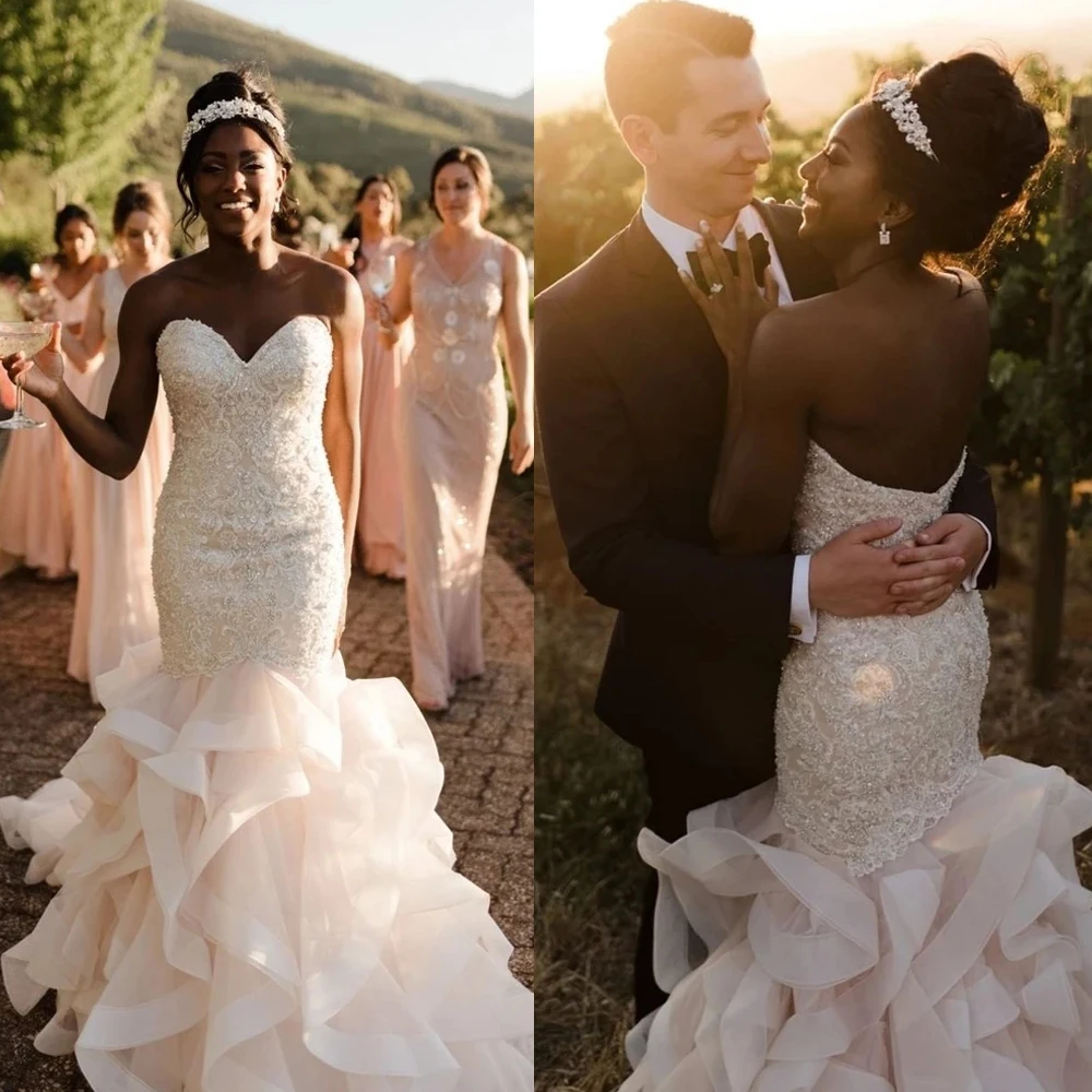 

Charming Sweetheart Ruffles Organza Wedding Dresses Sleeveless Sparkling Beading Applique Mermaid Bridal Gowns Custom Size
