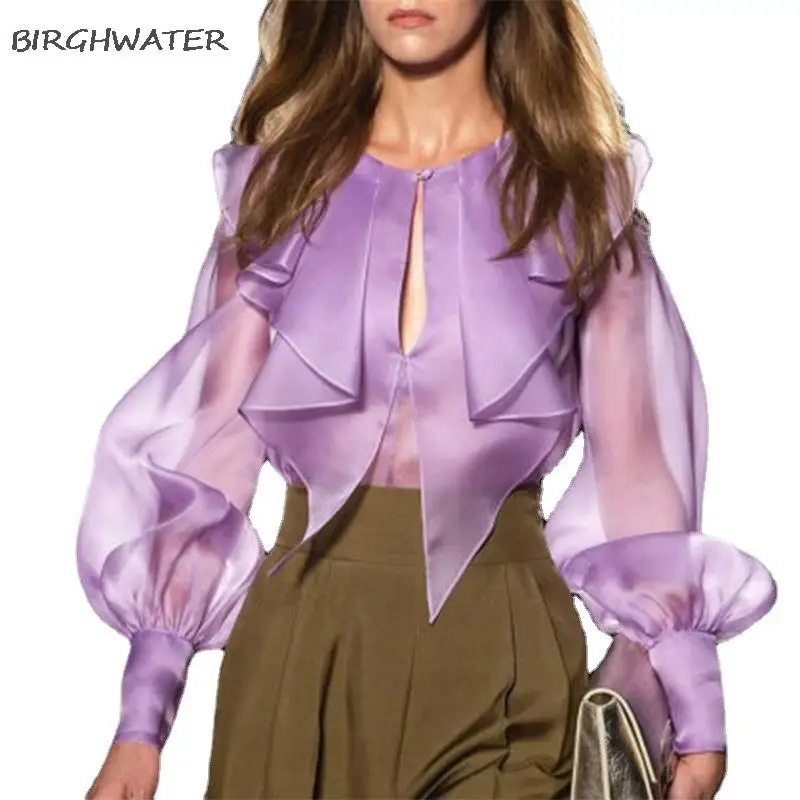 

Women Purple Shirts Blouses Tops Long Lantern Steeves Office Ladies See Through Tops Fashion Clothes 2021 Party Birthday Blouse