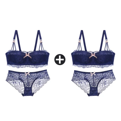 Blue And Blue Sets 2 шт., бюстгальтеры для женщин, маленькая грудь, беспроводной бюстгальтер, кружевной бесшовный бюстгальтер с эффектом пуш-ап и трусики, набор, половина чашки, сексуальные трусы, нижнее белье - Цвет: Blue And Blue Sets