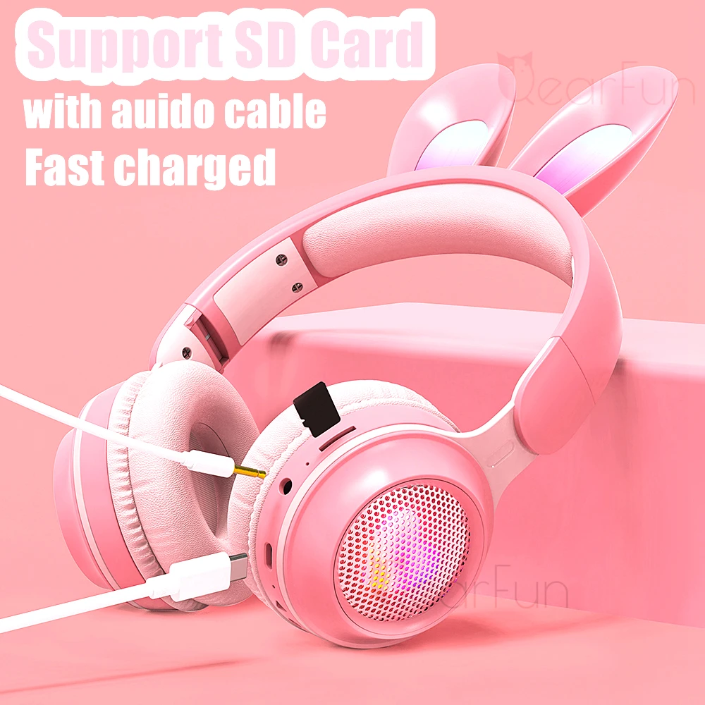 

Phone Headphones with Mic for Children Notebook Laptop Cute Girls RGB LED 3D Stereo Music Bluetooth Wireless Headset Kids Gift
