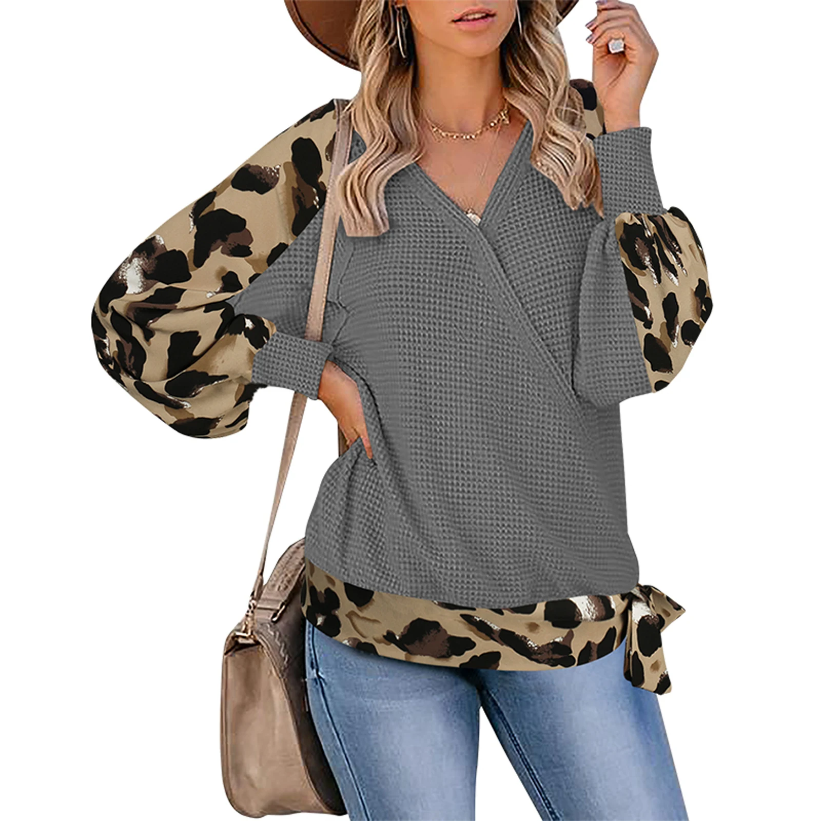 

Women Leopard Print Tops with Lace Up Hem, Loose Fit Long Sleeve V-neck Pullover for Spring, Autumn