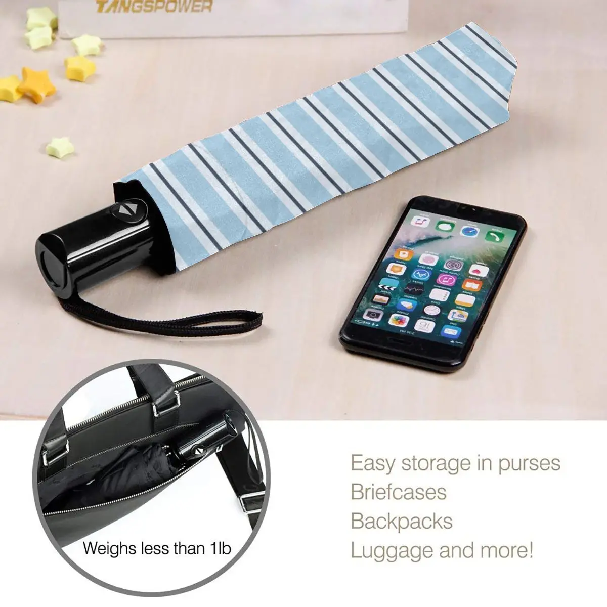 

Wind Resistant Fully-Automatic Umbrella Blue Stripes Rain 3 Folding Parasol Travel Car Umbrella