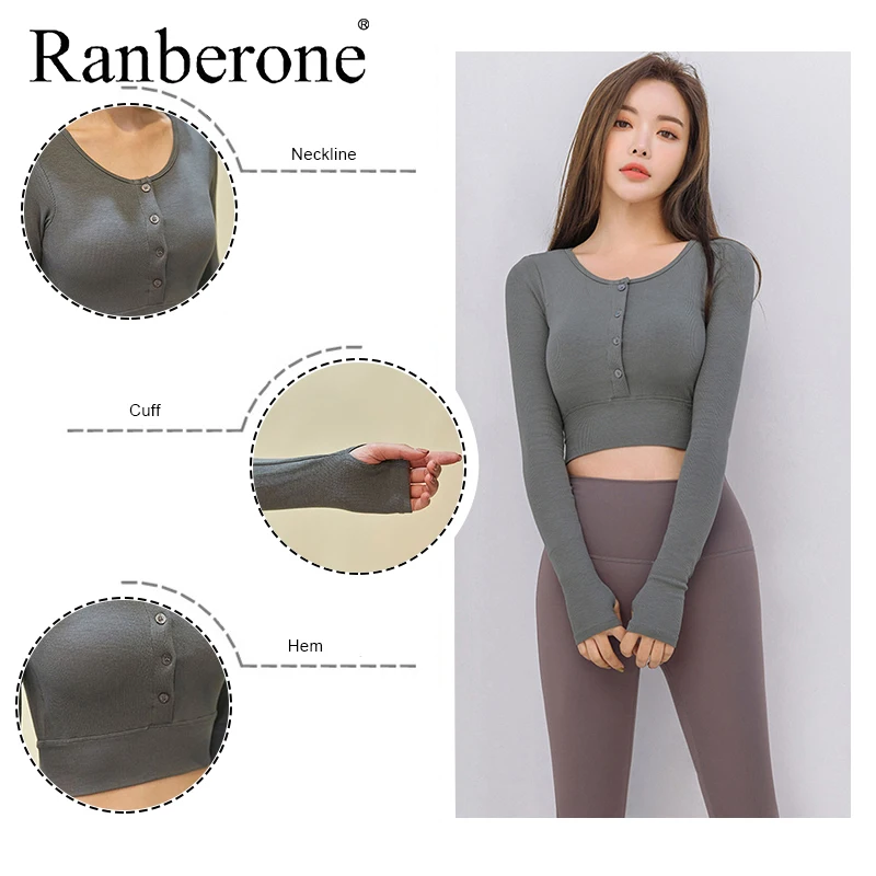 Ranberone Korean Style Yoga Clothes Long Sleeved Sports Top Fitness Clothes Women T-shirt With Chest Pad Fitness Gym Sportswear