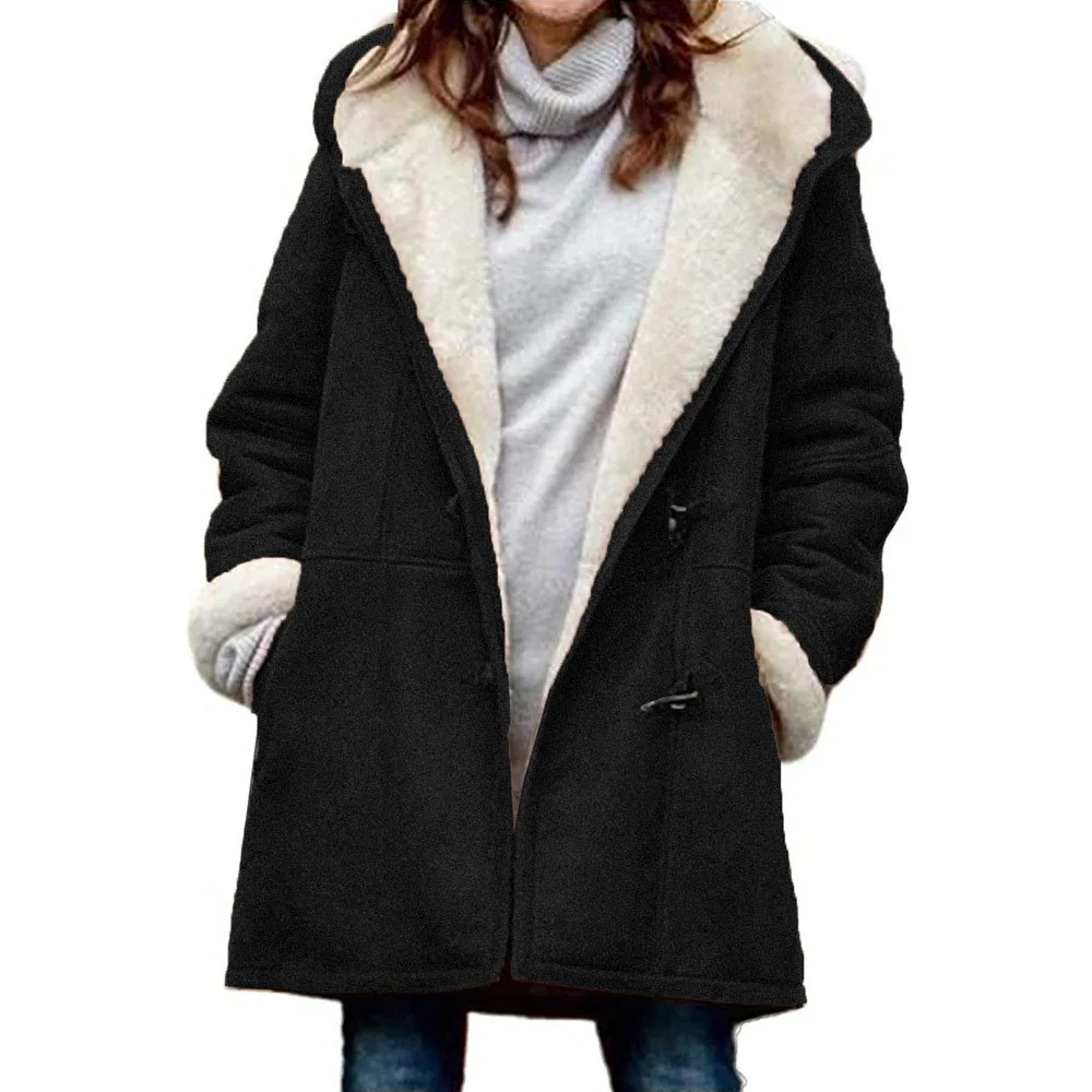

Cotton Padded Jacket Hooded Women Solid Color Corner Buckle Thicken Warm Long Sleeve 2021 Autumn Winter New Western Style