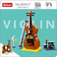 sluban b0817 violin shop music instrument store drum microphone city street mini blocks bricks building toy for children no box