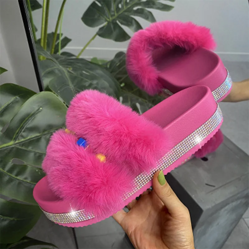 INS/женские шлепанцы на меху со стразами 2020 Женская обувь толстой подошве