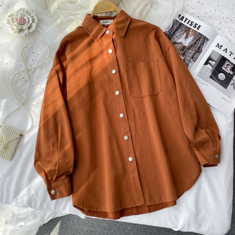 

Новинка Осень 2021, корейский модный тонкий топ с большими карманами в стиле знаменитостей, рубашка с длинным рукавом, модная рубашка