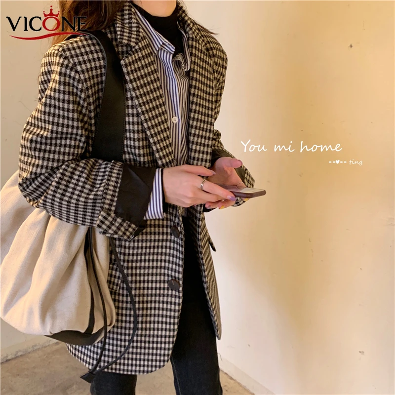 VICONE Vintage Double Breasted Office Ladies Plaid Blazer Long Sleeve Suit Coat Jacket Women Blazers Female | Женская одежда