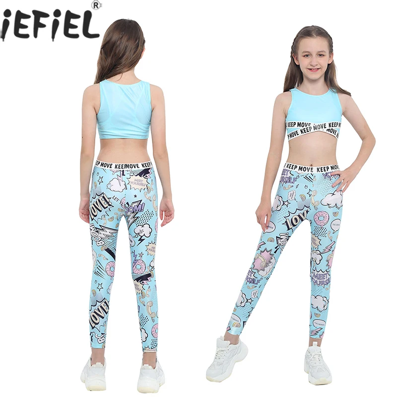 

Kids Girl Clothes Set Sleeveless Letter Print Ballet Dance Sport Tanks Crop Top with Legging Workout Dancewear Gymnastics Outfit