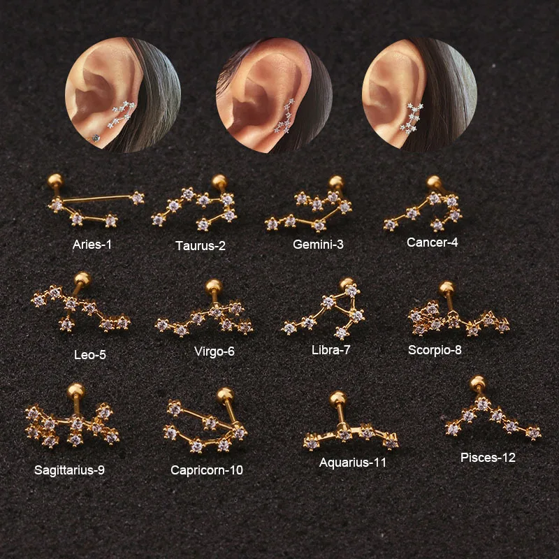 

1Pc Creative Stainless Steel Twelve Constellation Ear Piercing Jewelry Cz Cartilage Helix Lobe Screw Back Stud Earring