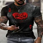 Мужская футболка с круглым вырезом и коротким рукавом, облегающий хлопковый пуловер с принтом карт, Повседневный пуловер с принтом красного сердца и роз, 2021