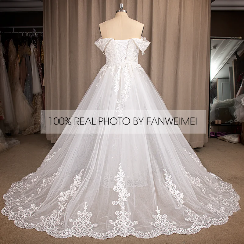 

#9258 Gorgeous 2021 New Style Off Shoulder Sweetheart Short Sleeve Lace Detachable Train Backless Wedding Dress Bridal Gown