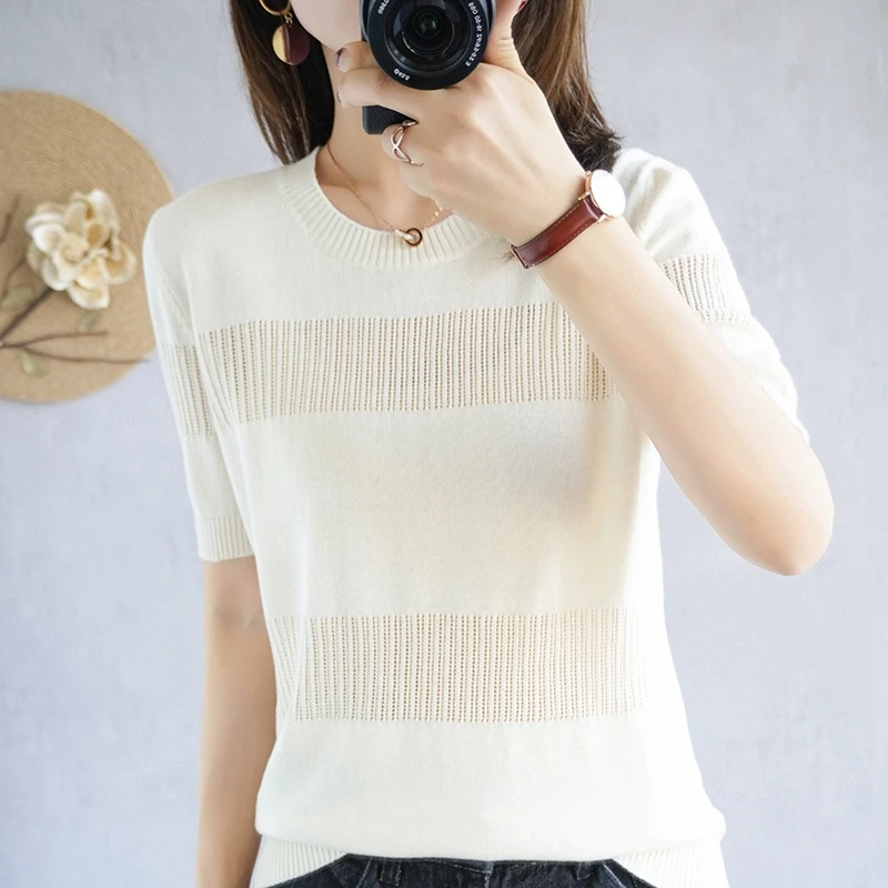 

2021 Summer New 100%Pure Cotton Round Neck Short-Sleeved Women's T-Shirt Fashion Hollow Top Knit Loose All-Match Bottoming Shirt