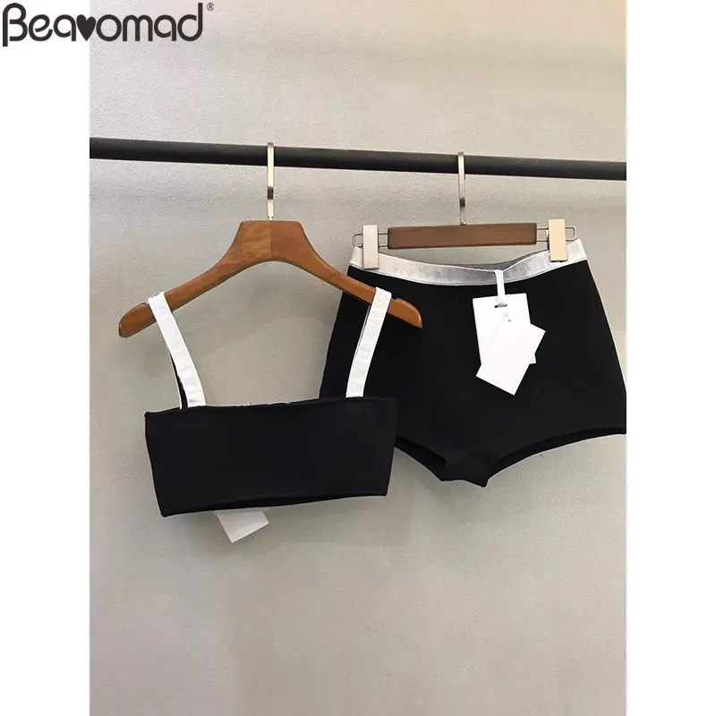 Bearomad Summer Women 2021 Fashion Beach Vacation Beach Style Black Sexy Strapless Blouse+Slim Elastic Waist Shorts