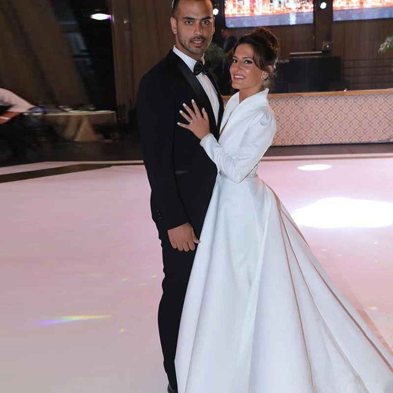 

Abendkleider Deep V Neck Arabic evening dress Full Sleeve Sashes Satin Special occasion dresses Robe de soiree