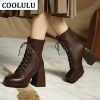 coolulu plush size 34 46 women ankle boots lace up chunky high heel platform fashion winter boots shoes square toe booties