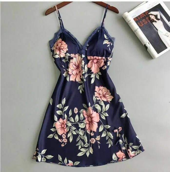 Sexy Style Fashion Lace Sling Floral Print Satin Look Deep V-Neck Backless Sleepshirts for Ladies Women's Nightwear Plus Size | Женская