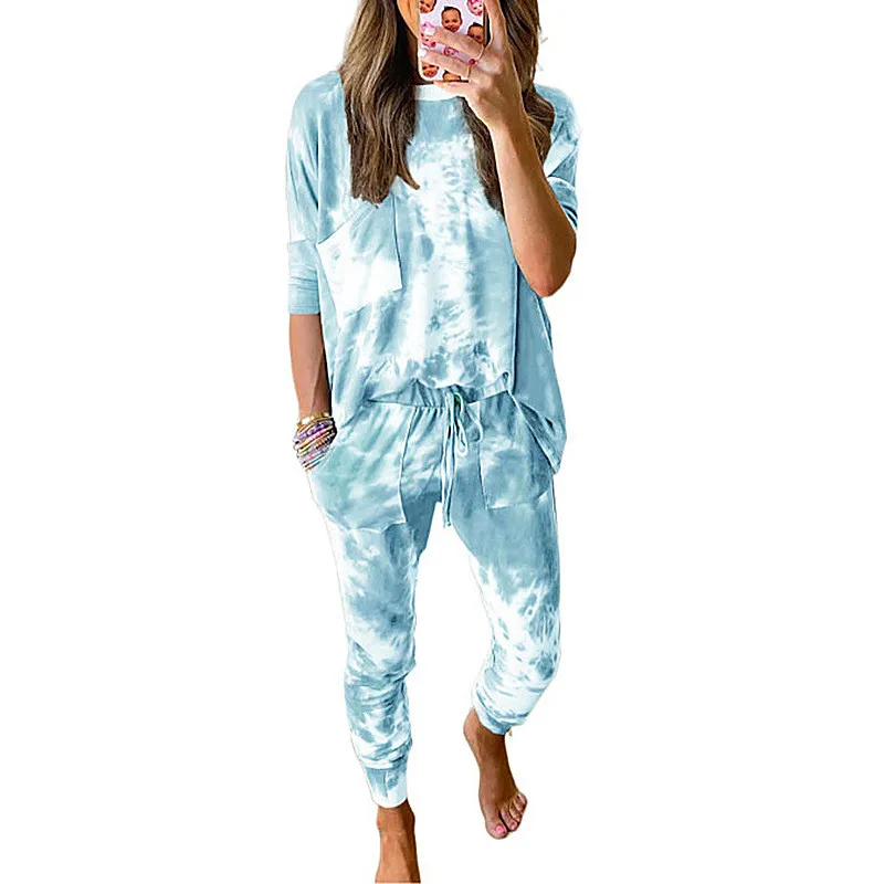 

Женский спортивный костюм Tie Dye, комплект из двух предметов, Топ с длинным рукавом и О-образным вырезом и Камуфляжный принт и брюки, повседнев...