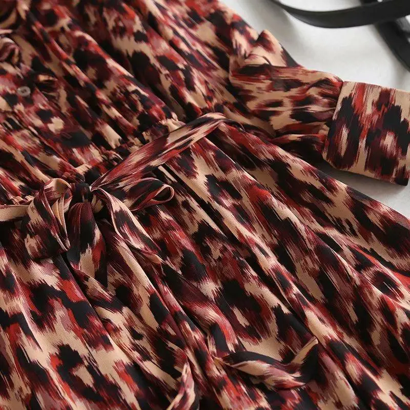 

Za 2020 Women Dress Leopard Print Chiffon Mid Calf Dress Long Sleeve Turn-Down Collar Vintage Dresses Female Ruffles Vestidos