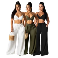 sexy womens solid color sling tube top loose trousers hanging neck fashion two piece suit