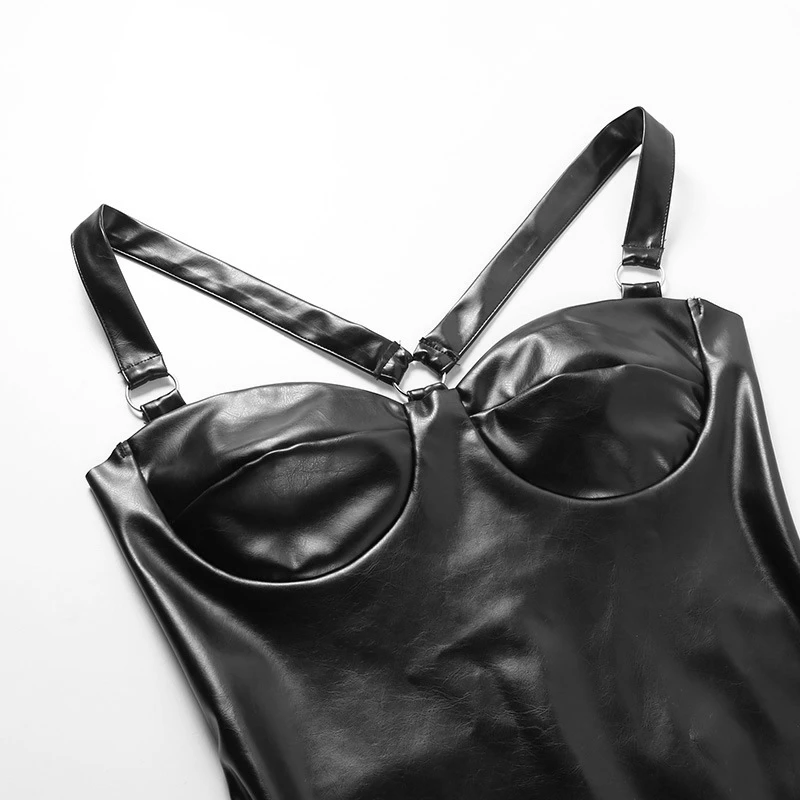 Женское кожаное платье Goth готическое облегающее мини в стиле панк с открытой