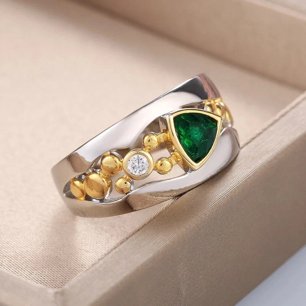 

YPAY Vintage Hollow-out Band Ring Evening Dance Party Accessories Green Stone Graceful Two Tone Rings Jewelry for Mother Gift