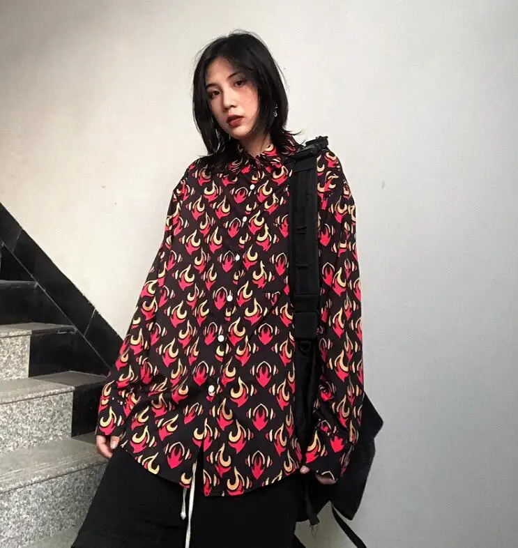 

New Women's Street Trend Flame Print Loose Long Sleeve Shirt