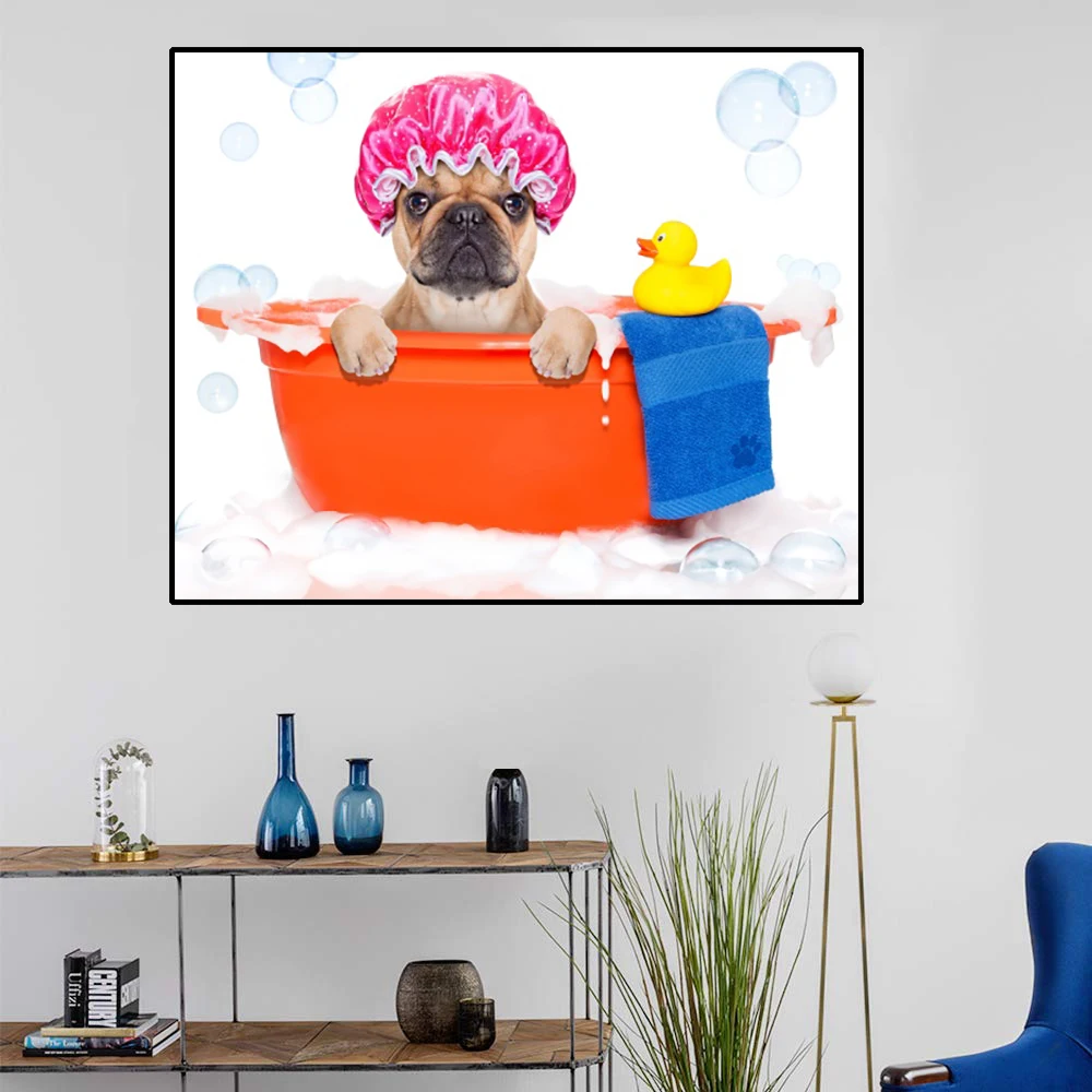 Картина на холсте в виде собаки шапочка для душа с желтой уткой игрушка купания