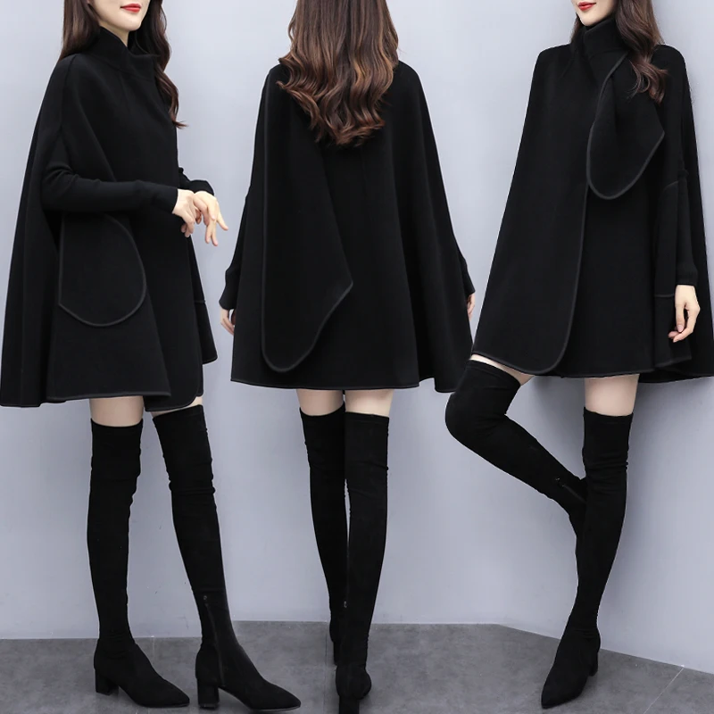 

New Winter Long Cape Coats Black Cloth Loose Woolen Tweed Cloth Coat Women England Fashion Black Overcoat Cape Cloak Outfit Top
