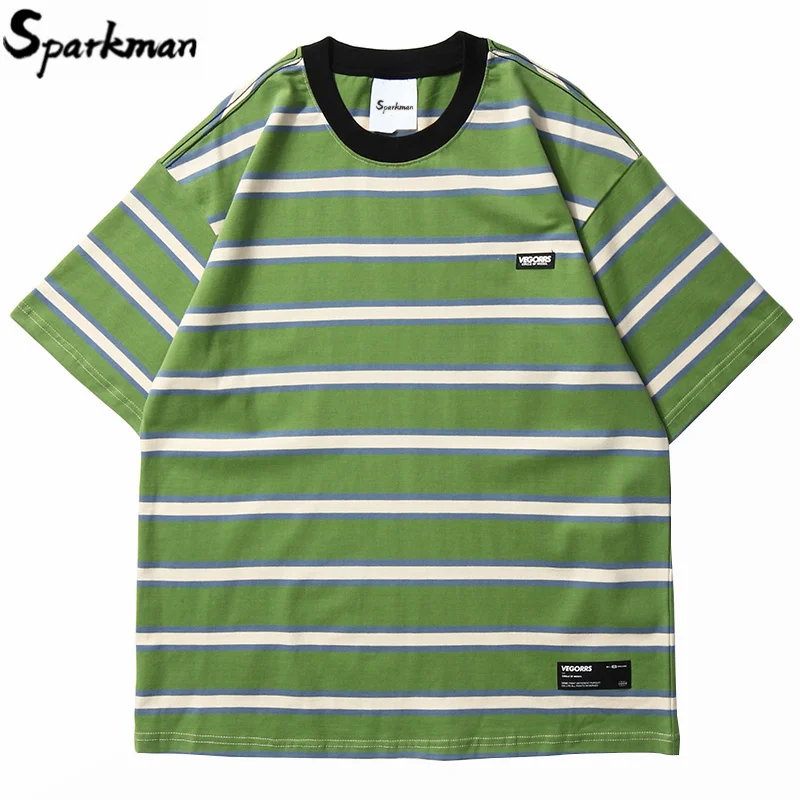 Hip Hop T Shirt Men 2020 Streetwear Harajuku Stripe Tshirt Short Sleeve Cotton HipHop T-Shirt Loose Fashion Tops Tees Green Blue | Мужская