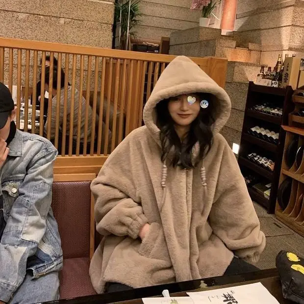 

Зимняя Толстовка с длинным рукавом, куртка, женская утепленная Свободная куртка из искусственного меха, Женская корейская мода, теплая мягк...