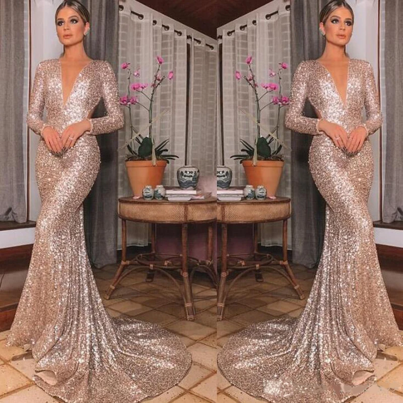 

2020 Luxury rose gold mermaid Prom Dresses deep V-Neck Evening Party Wear full sequined modest Cutaway Sides long sleeves Formal