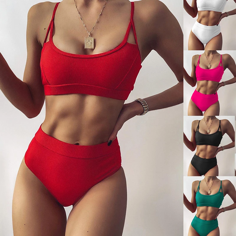 

Women's Swimsuits Solid Scoop Neck High Waisted Crop Tops Ribbed Bikini Sets Cut Out Two Piece Cheeky High Rise Bathing Suit Red
