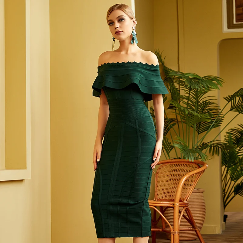 

Free Shiping High Quality Women Deep Green Off The Shoulder Rayon Bandage Dress Sexy Club Celebrity Evening Runway Party Dresses