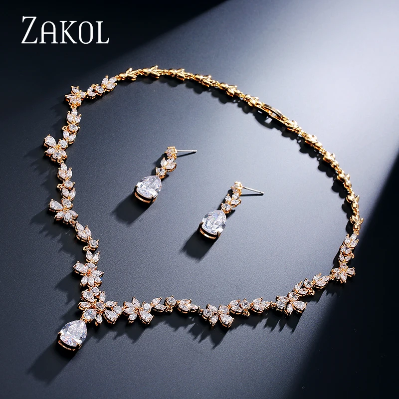 ZAKOL, модный набор, цветок, кубический цирконий, кристалл, женские серьги, ожерелье, набор для невесты, Свадебный костюм, ювелирный набор, FSSP010