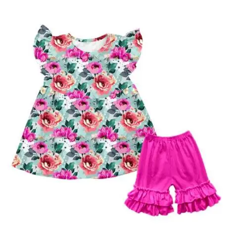 

baby girls clothing sets pink rose flower summer fly ruffle sleeve outifts