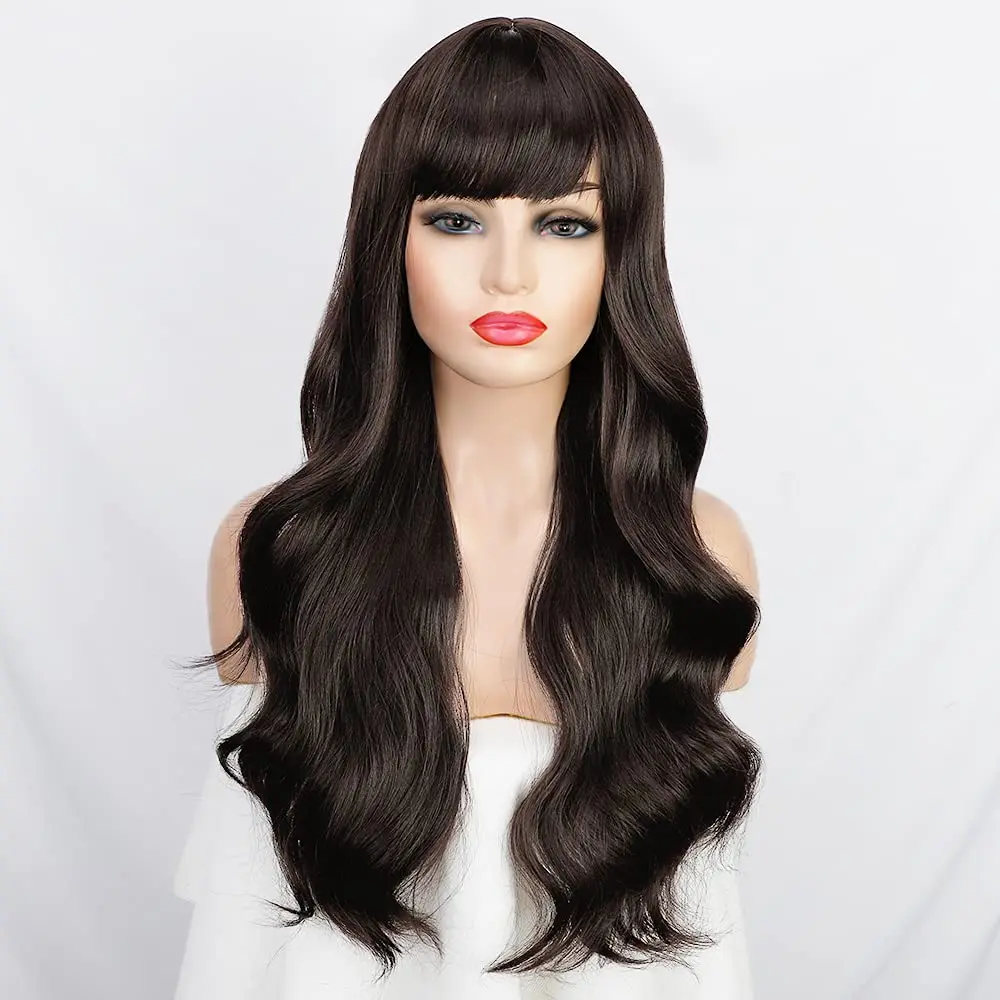 

Vigorous Synthetic Long Wavy Wig with Bangs Dark Brown Wig for Women Brown Heat Resistant Fiber Hair Daily Use