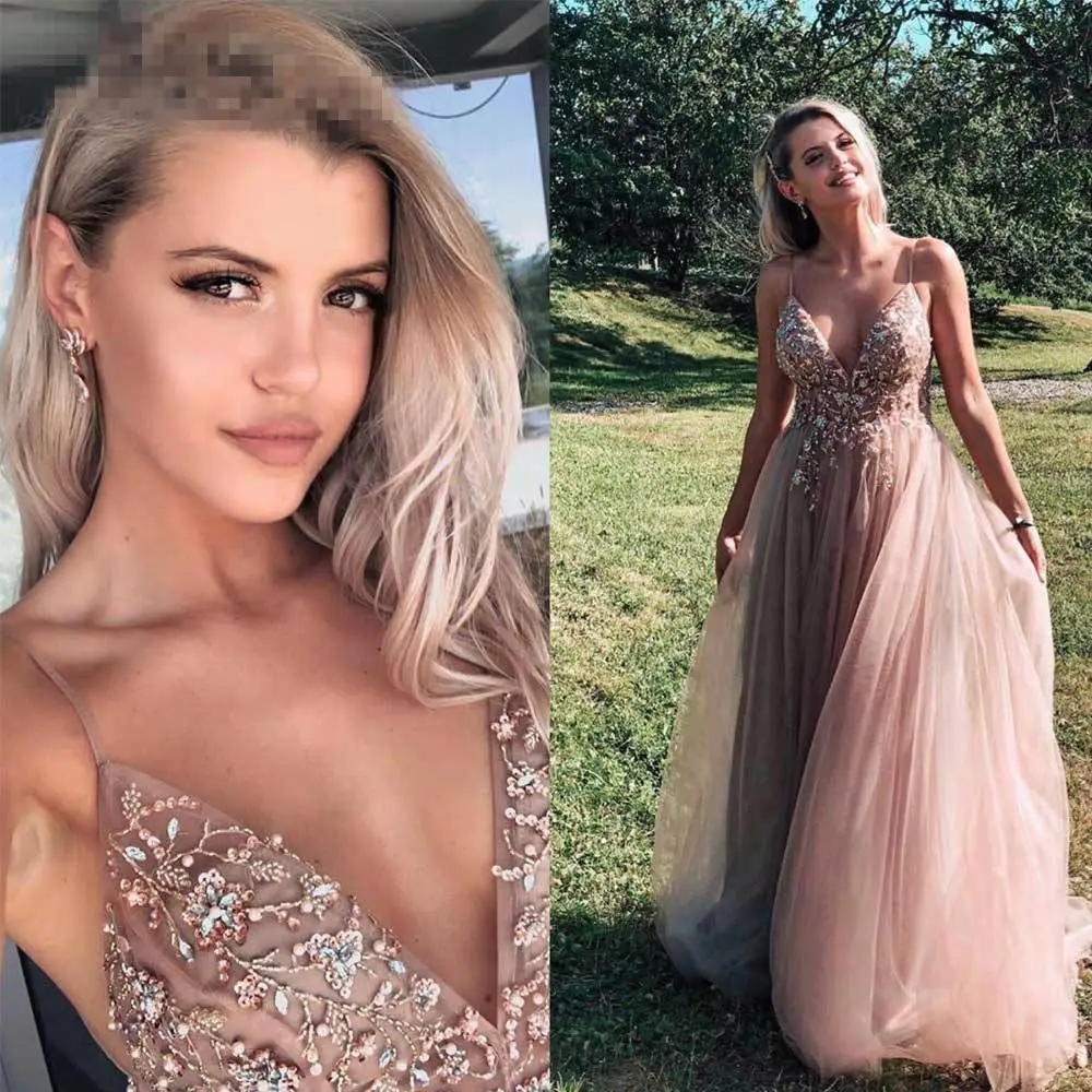 

Sweet Dusky Pink Crystal Long Prom Dresses 2020 Spaghetti Straps See Through Tulle Evening Gown Split A Line Formal prom dress