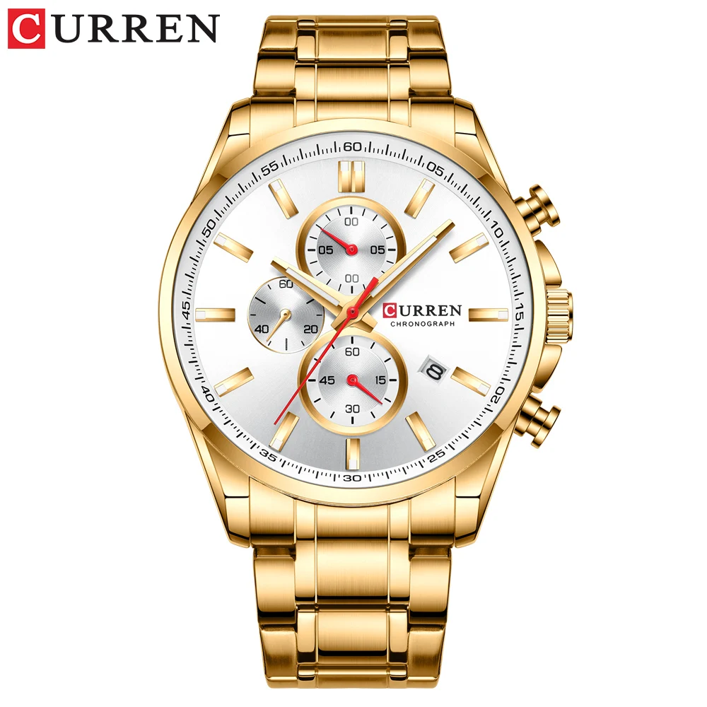 gold Новинка, Curren часы, мужские брендовые модные спортивные кварцевые часы с хронографом, мужские часы из нержавеющей стали, часы с датой, светящиеся указатели - Цвет: gold