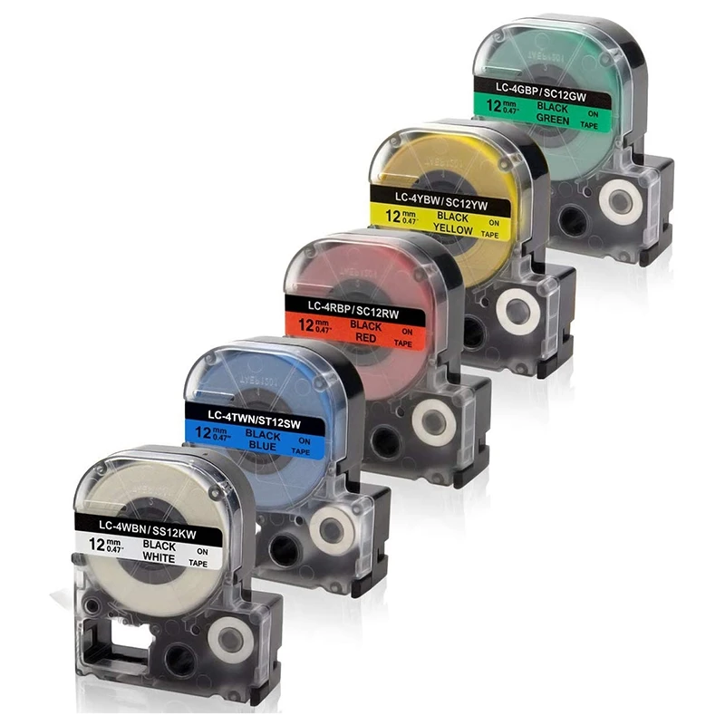 

5Pcs 12mm Label Maker Tape Label Maker Black on White/Red/ Blue/Yellow/Green Label Tape for Epson/KingJim Printer
