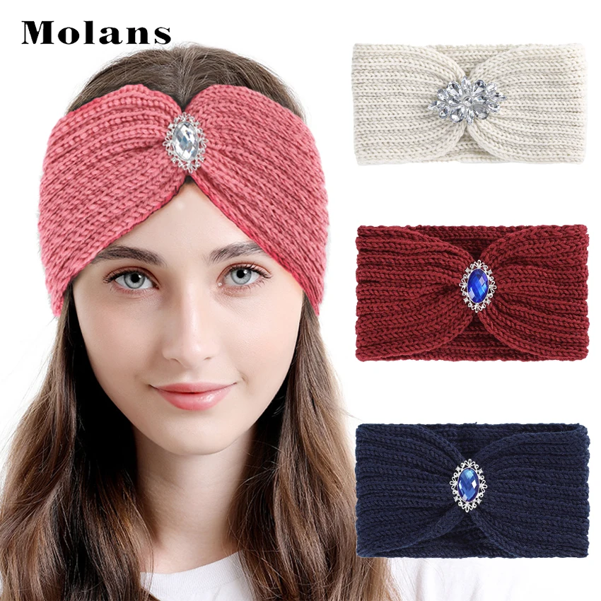 

MOLANS, новинка, женская зимняя теплая повязка на голову, модные стразы, повязка на голову, шерсть, вязаный эластичный галстук для волос, Женски...
