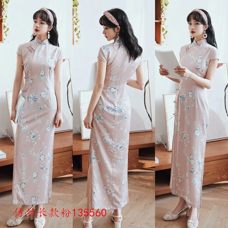 

Vintage Chinese Style Qipao Long Handmade Button Cheongsam Dress Women's Mandarin Collar Traditional Dress Size S -3XL