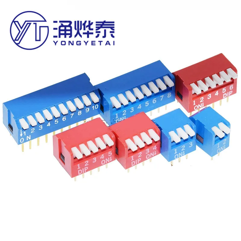 

YYT 5PCS Piano type 2.54MM DIP switch DP 1P/2P/3P/4P/6P/8P/10P/12P bit 2.54mm DIP switch red/blue right angle side position