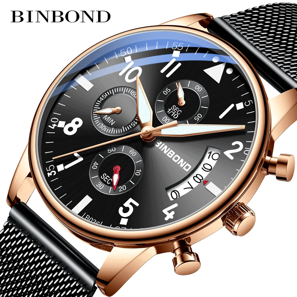 

Часы мужские кварцевые со стальным сетчатым браслетом, люксовые брендовые водонепроницаемые спортивные модные с хронографом и датой